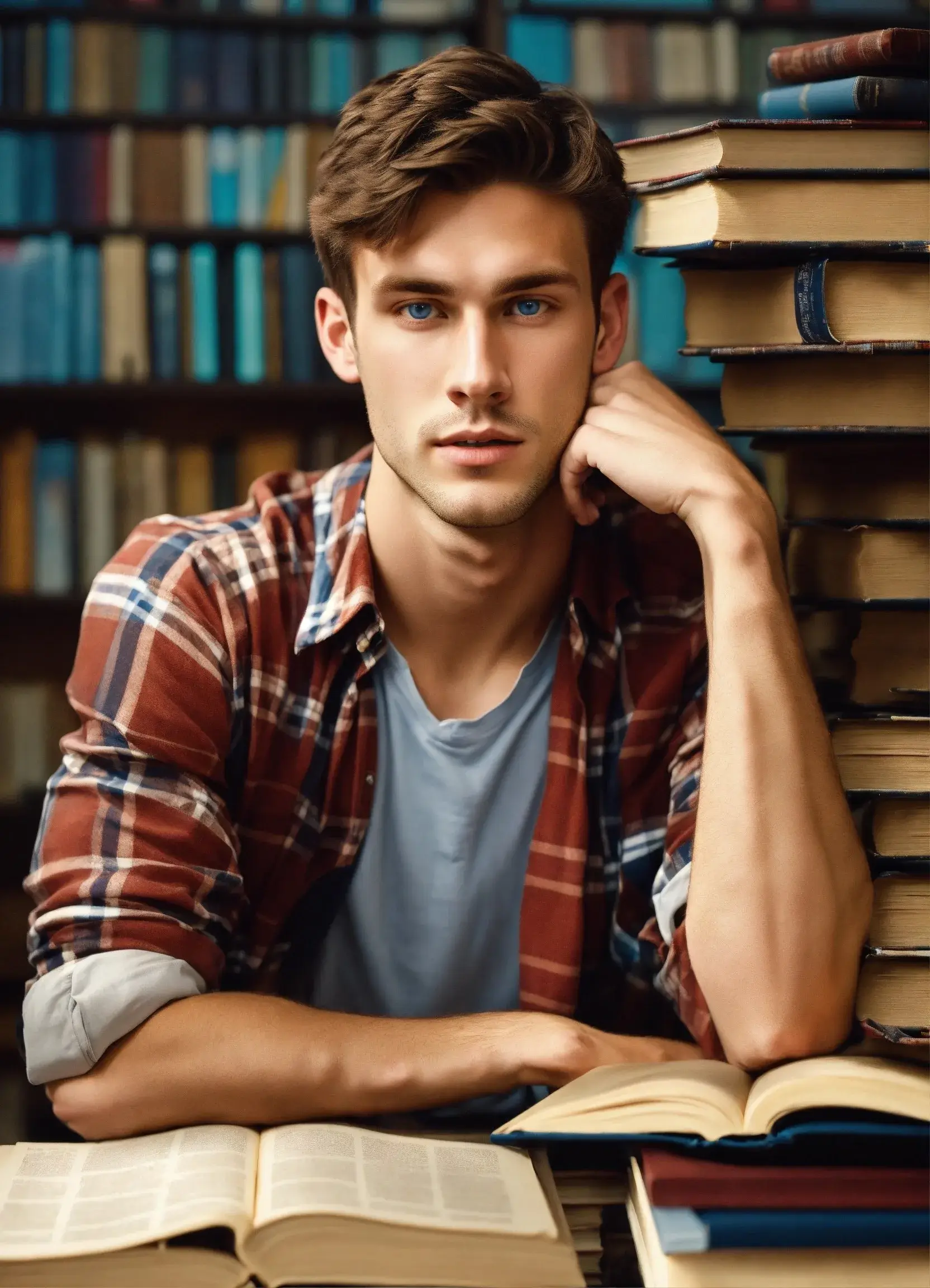 college boy sitting in library image